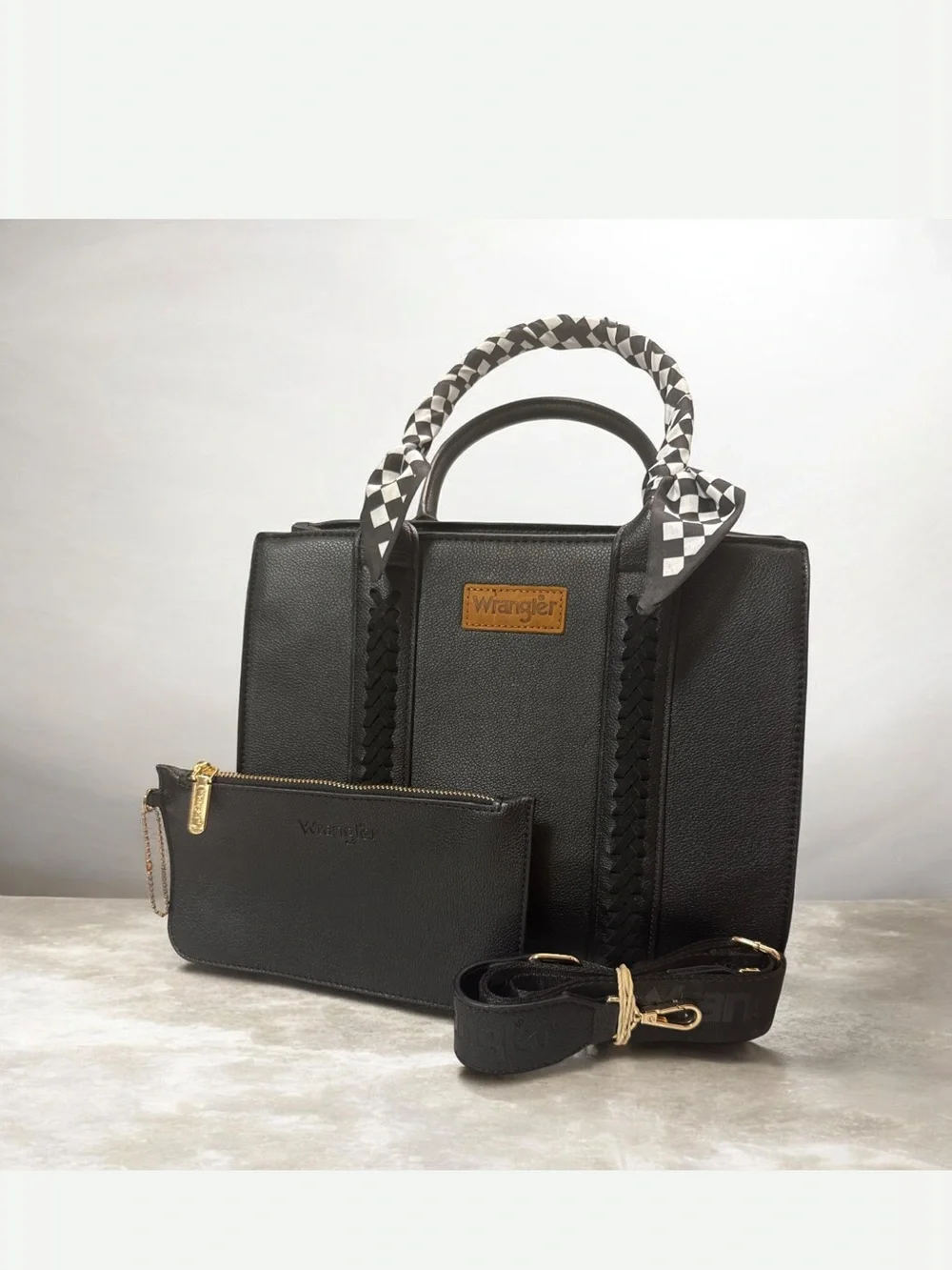 Wrangler Black Faux Leather Tote with Removable Pouch and Detachable Strap